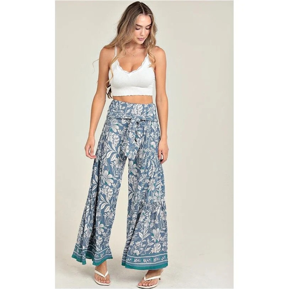 BRAND NEW WITH TAGS Boho Blue Floral Tie Waist Wide Leg Pants